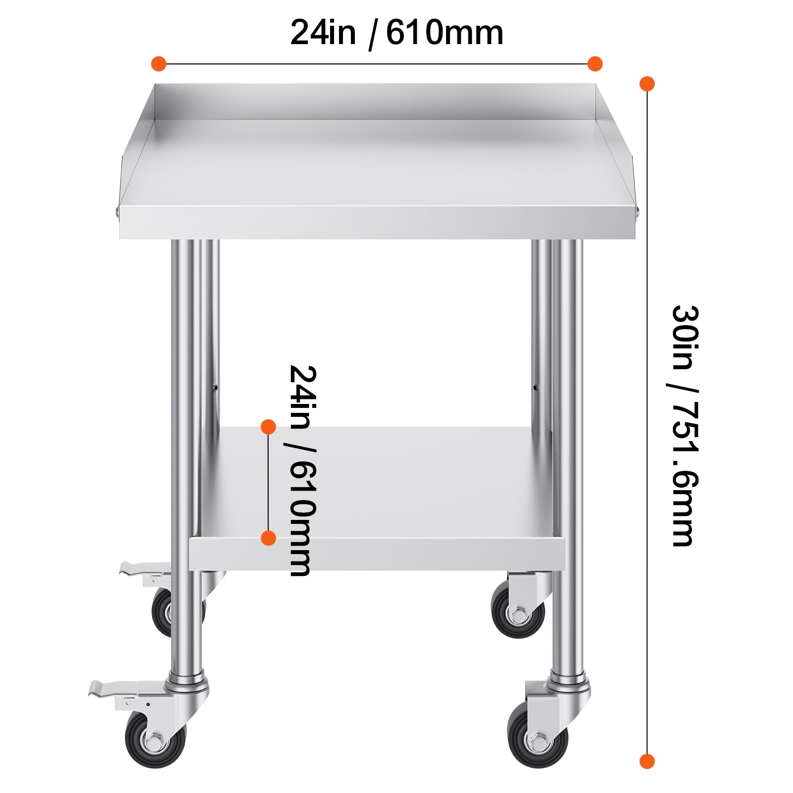 Stainless Steel Work Table, 24 x 24 x 30 Inch Commercial Food Prep Worktable with 4 Wheels, Casters, 3-Sided Backsplash Heavy Duty Prep Worktable, Metal Work Table for Restaurant Home Hotel