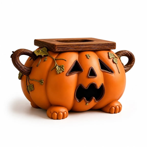 Halloween Jack‑o‑Lantern Tissue Box Cover, Decorative Pumpkin Shaped Tissue Holder, Novelty Desktop Storage Organizer for Bathroom Bedroom Tabletop Decor