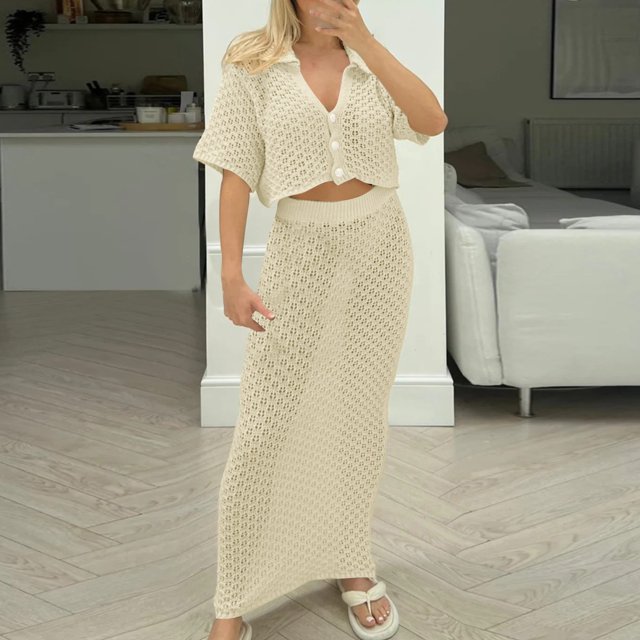 Gspmoly Robes pour Femmes, Ensemble Jupe Tricotée à Crochet et Fleurs Cardigan Multicolore Jupe à Boucle Ensemble Tout-Aller Robes de Soirée pour Femmes Offres du Jour
