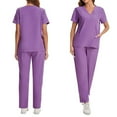 thumbnail image 4 of 2025 Womens Scrub Sets Stretch 2 Piece Uniforms Suit Nursing Fitted V Neck Top with Jogger Style Pants Purple S, 4 of 4