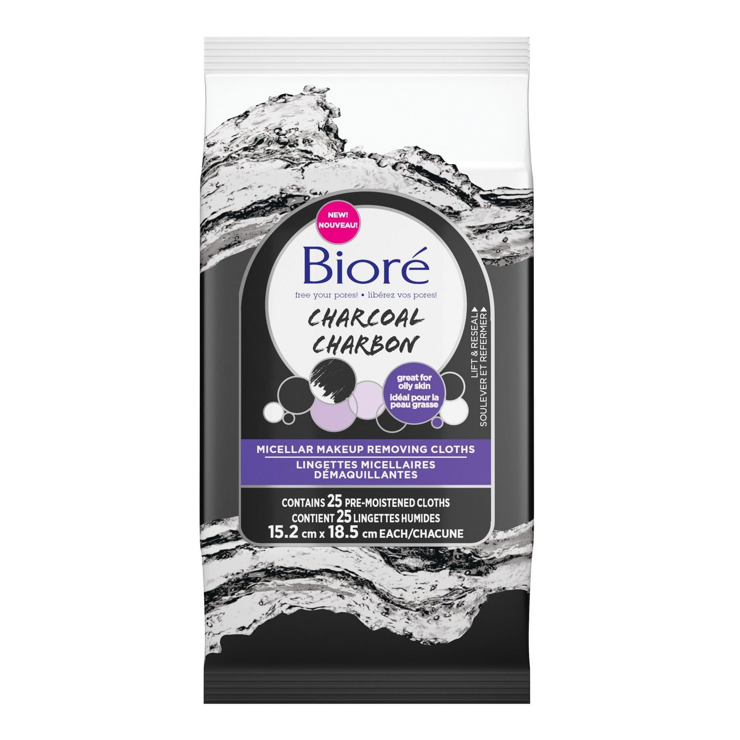Lingettes micellaires démaquillantes au charbon de Bioré 25 cts