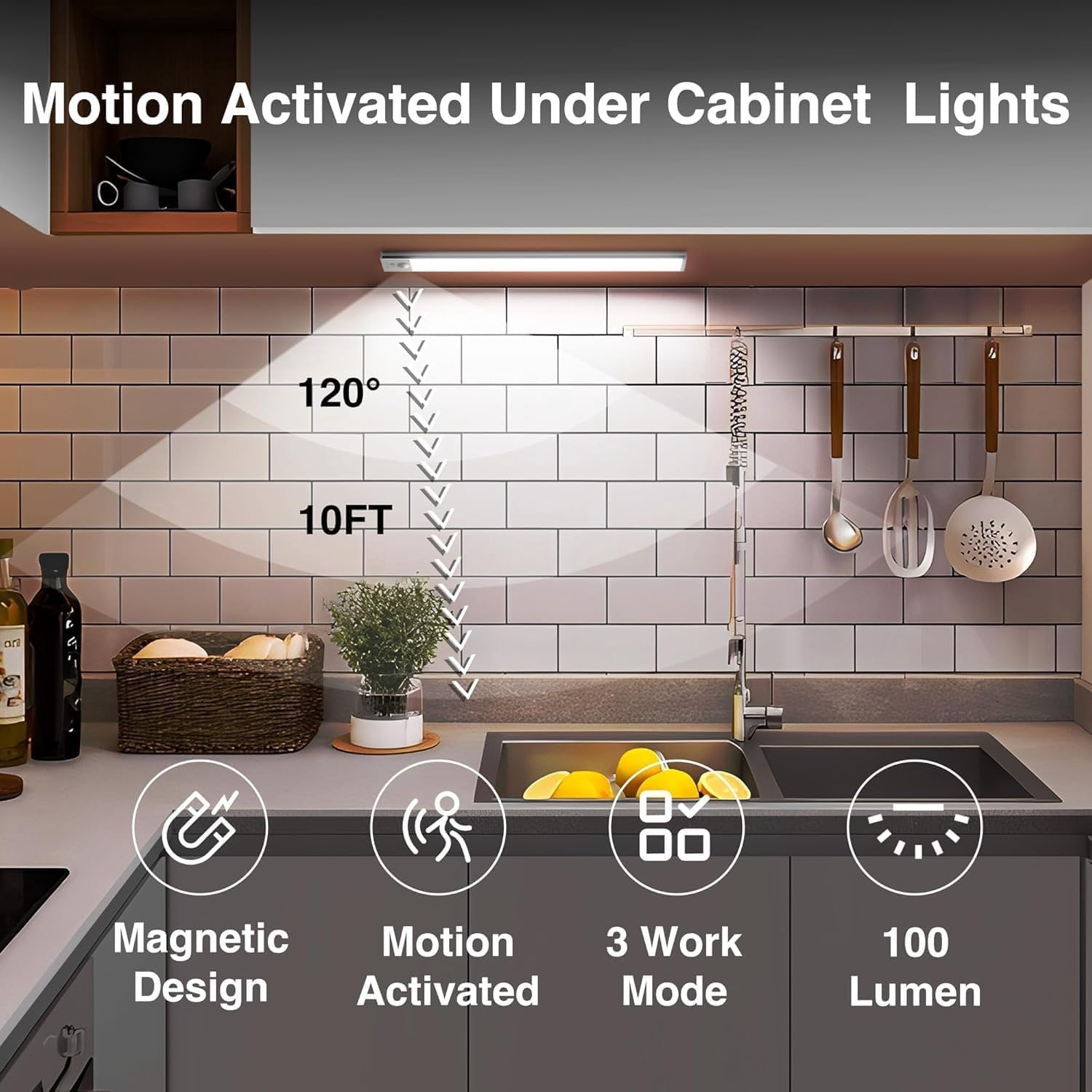 Under Cabinet Lighting, 2 Pack Under Cabinet Lights Rechargeable, Motion Sensor Light Indoor, 3 Color Temps, 5 Levels Dimmable  Closet Lights,  Under Counter Lights for Kitchen, Stairs