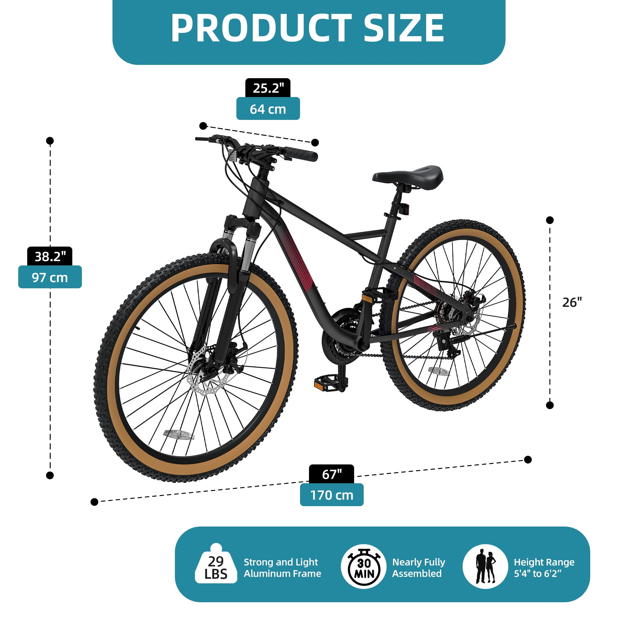 Uforic 26" Mountain Bike, 21-Speed, Dual Disc Brakes, Front Suspension, Aluminum Frame for Adults, Black