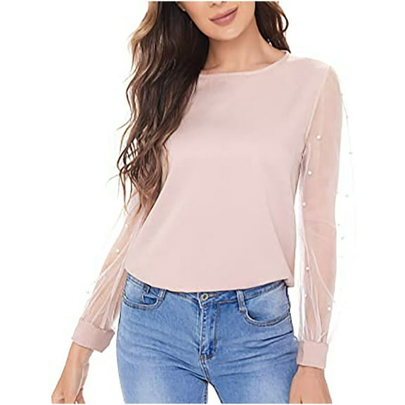 Women's Solid Color Long Sleeve Bottoming Shirt Beaded Mesh Panel Top Shirt Fashion Women Round Neck Casual Solid Long Sleeve Blouse T Shirt Basic Tops