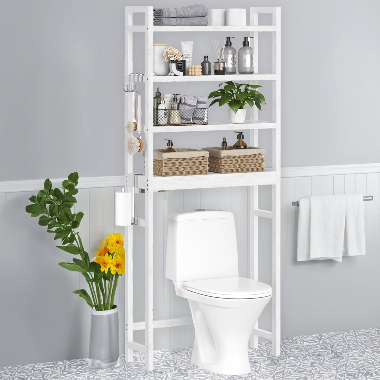 LEDREM 4-Tier over the Toilet Bathroom Storage Organizer with Adjustable Shelves, Hooks, and Toilet Paper Holder, Space-Saving Rack, Cloud White
