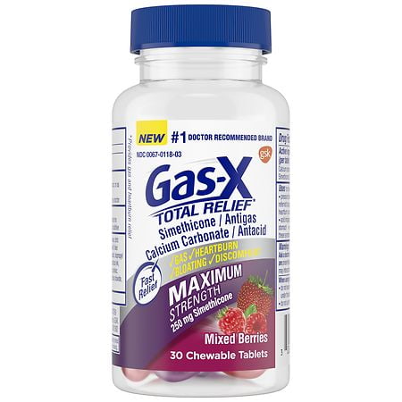 Gas-X Total Relief Chewable Tablets with Maximum Strength Gas Relief Simethicone 250 mg and Heartburn Relief Calcium Carbonate 750 mg, Mixed Berries - 30 Count