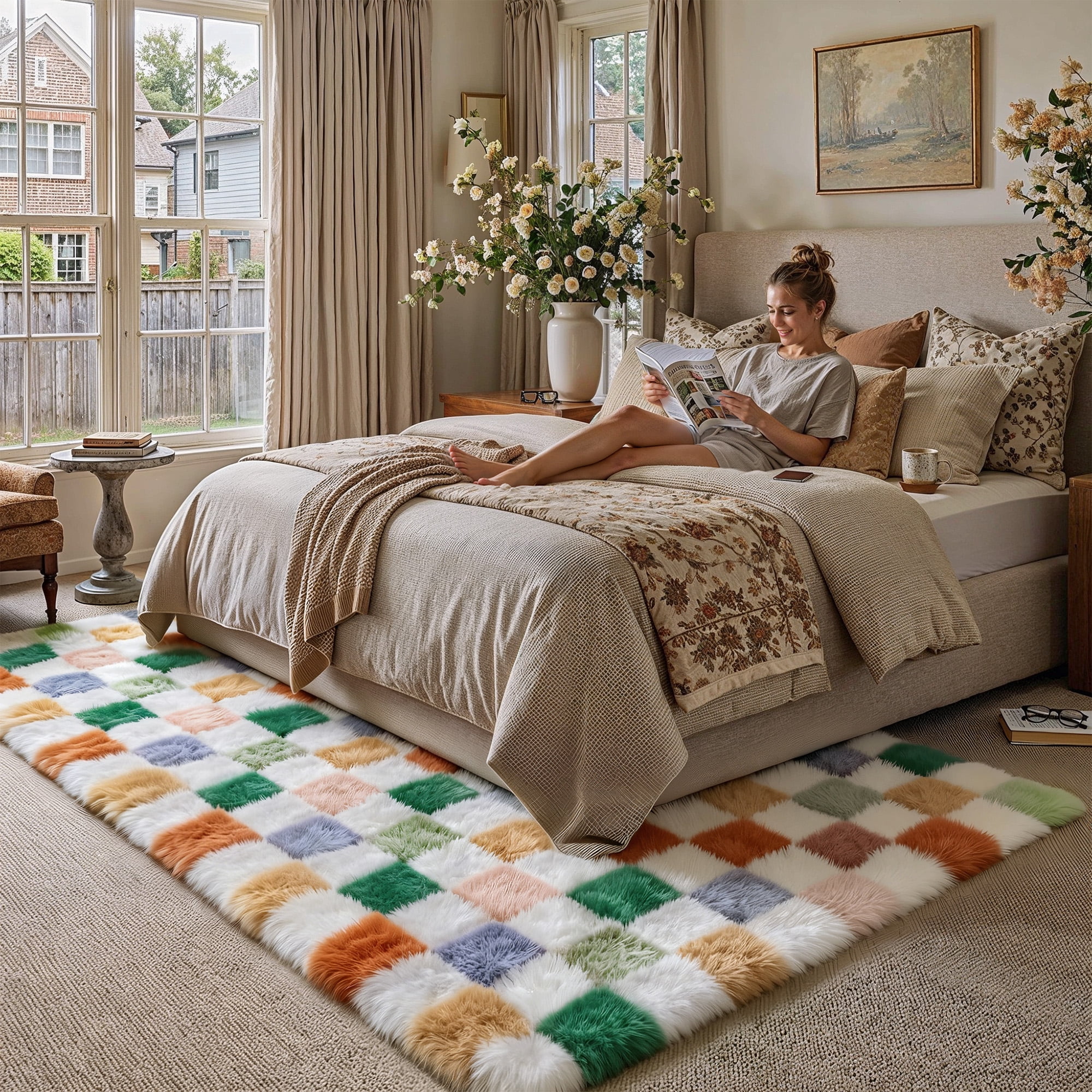 BERTHMEER 6'x9' Area Rugs for Living Room Bedroom High-Plie Ultra-Soft Fluffy Shag Rugs Checkered Carpets,Green Multicolor