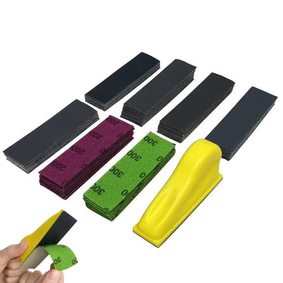 3.5”x 1” Mini Sandpaper Kit with Hook and Loop Sanding Block 71 Pcs Assorted 400/600/800/1000/1500/2000/3000 Grits for Polishing