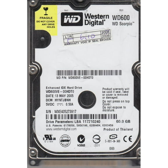 WD600VE-00HDT0, DCM HYNTJBNH, Western Digital 60GB IDE 2.5 Hard Drive