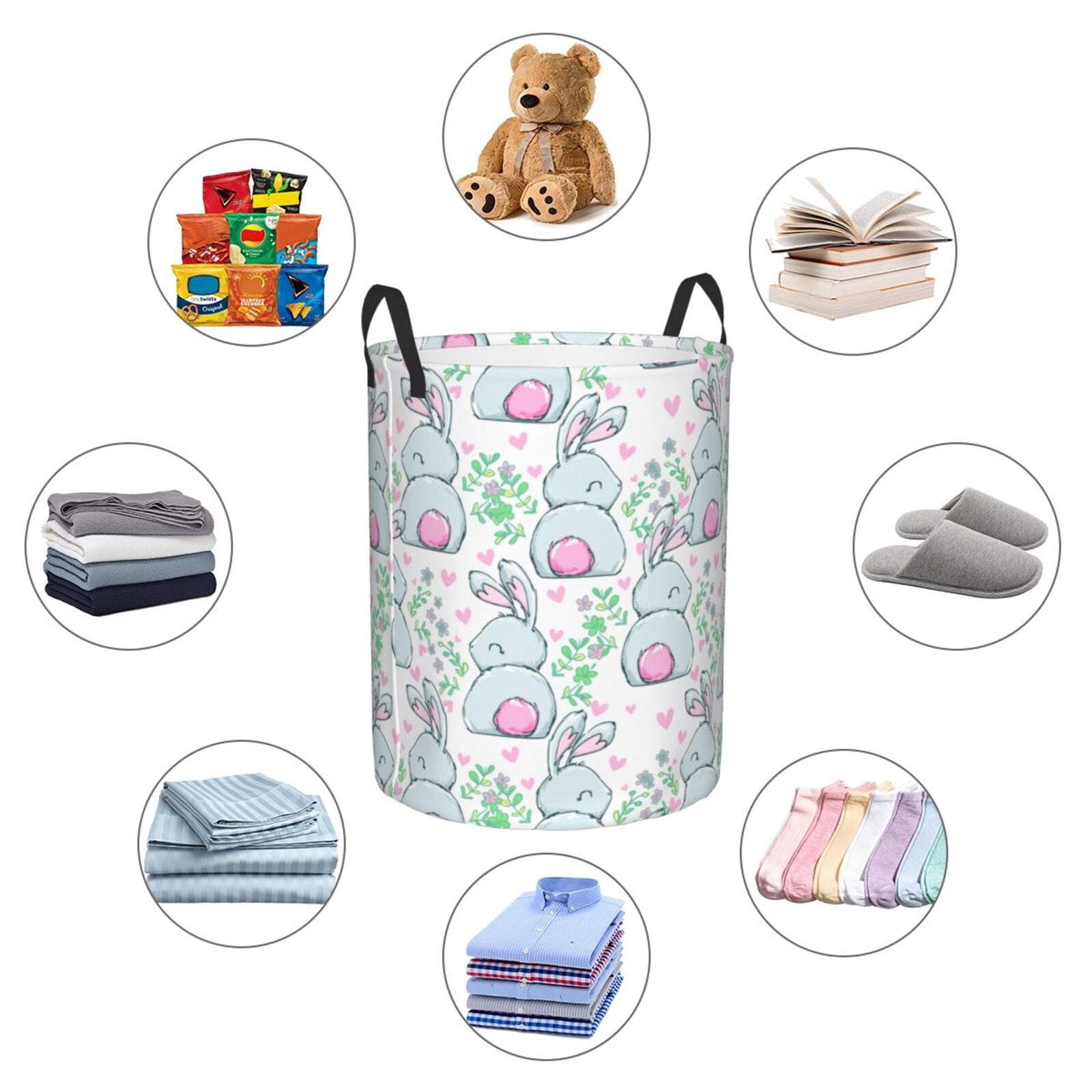 Large Laundry Basket with Handles - Cartoon Smiling Cute Rabbit Flower Kids Baby Dirty Clothes Laundry Hamper for Bedroom Aesthetic