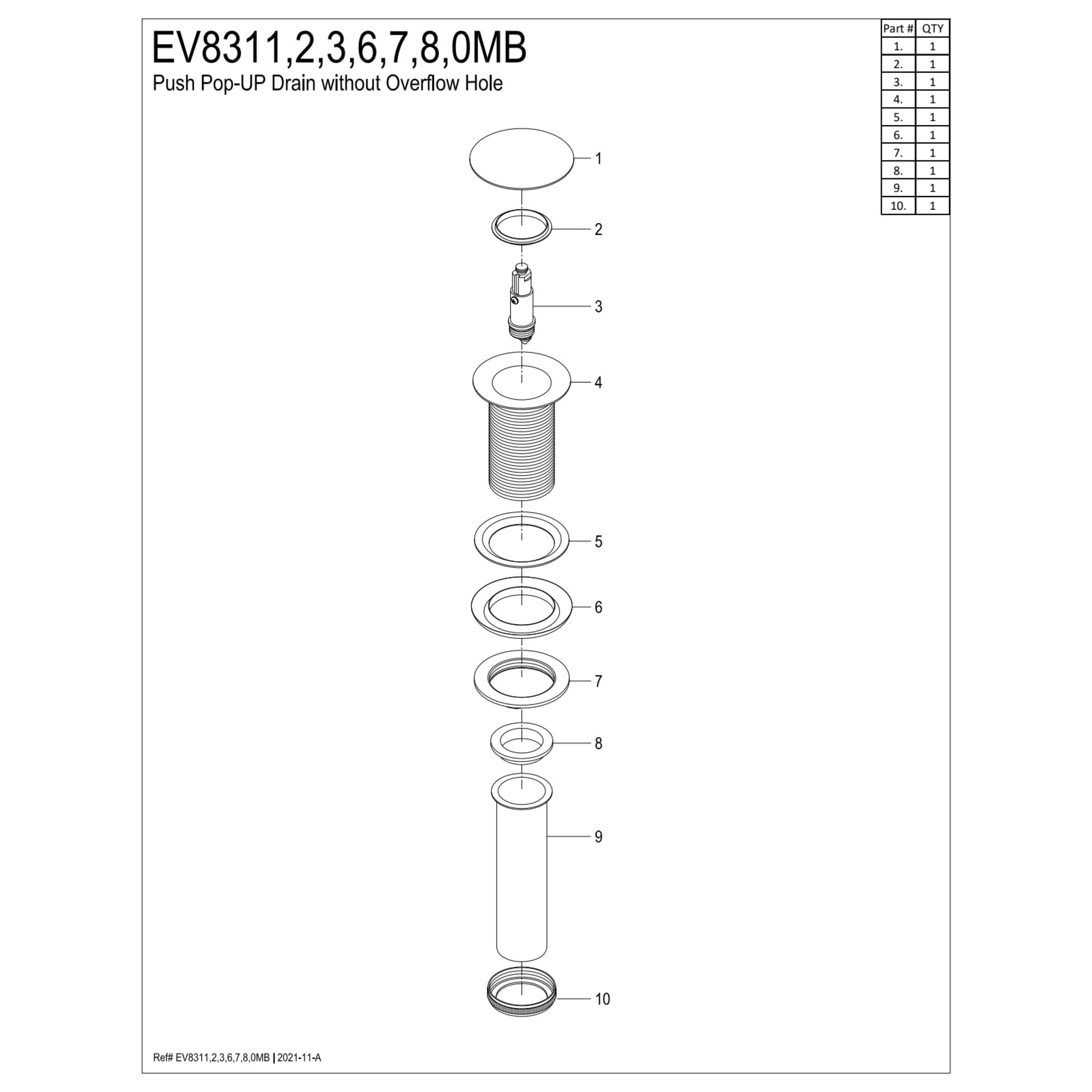Kingston Brass EV8318 Coronet Brass Push Pop-Up Bathroom Sink Drain in Brushed Nickel