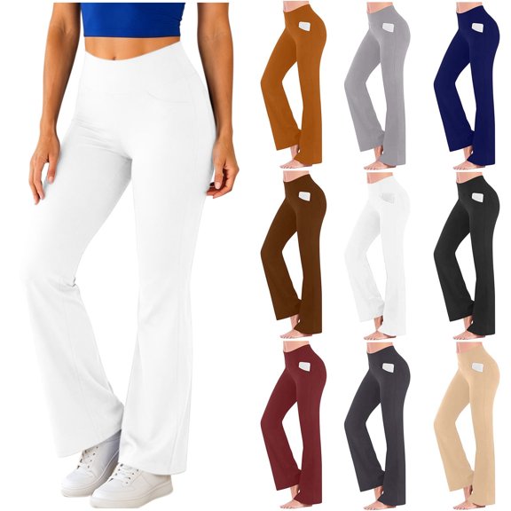 Chiccall Womens Flare Leggings with Pockets Seamless Workout Yoga Pants Bottoms High Waist Stretch Tummy Control Athletic Casual Trousers White XL