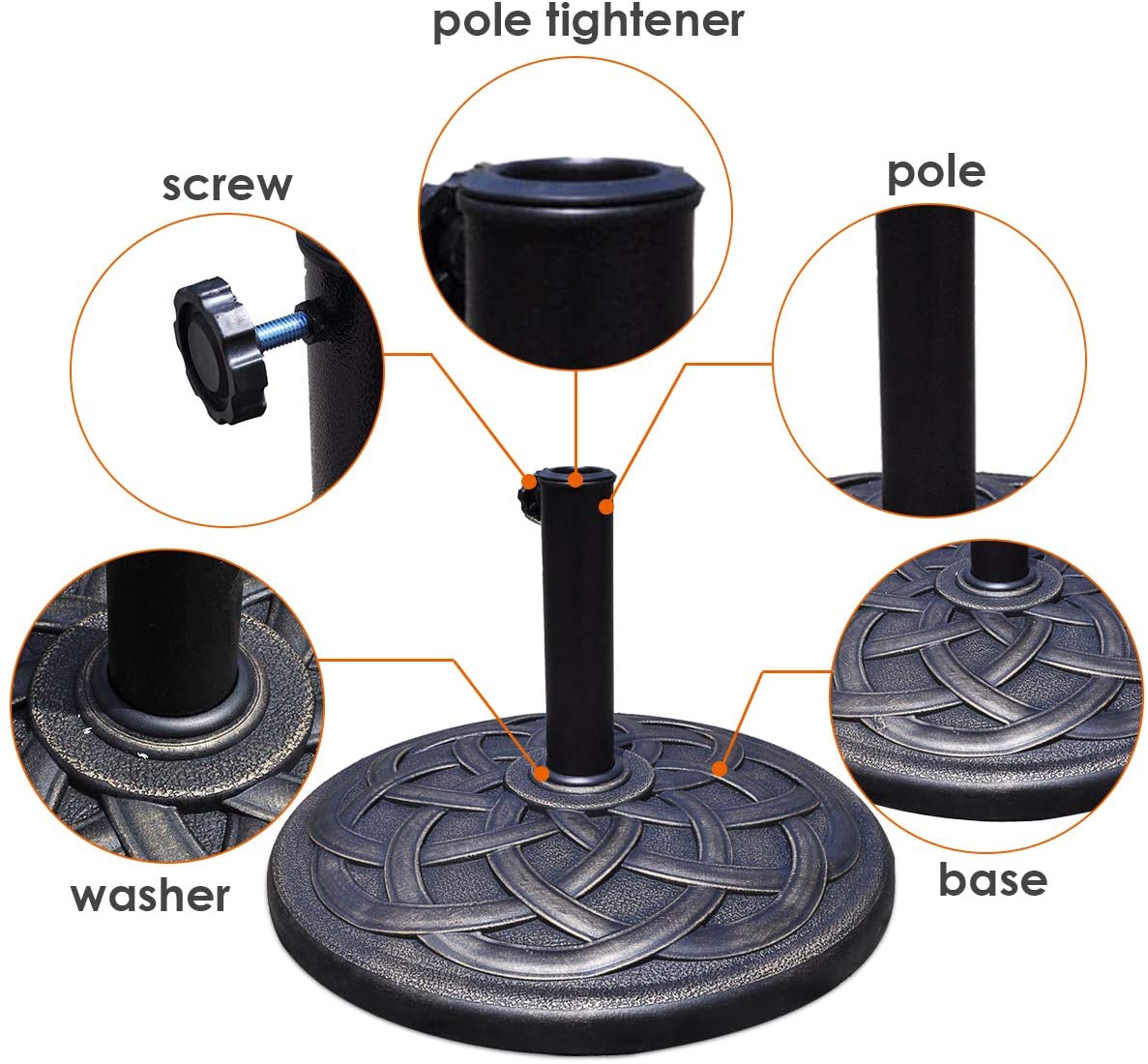 WBTER 43lbs Patio Market Umbrella Base, Heavy Duty Outdoor Stand, Cast Iron Umbrella Holder for Garden Beach, Classic Round Umbrella Standing Deck Porch