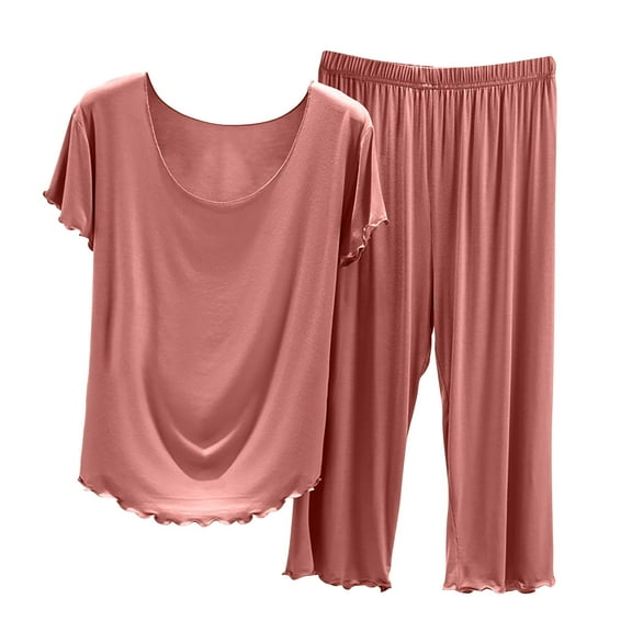 MGDXOX Lounge Sets for Women Cotton Modal Pajamas Casual Short Sleeve Top and Capris Pants Soft Comfy Pj Set 2 Piece Outfits Pink XL
