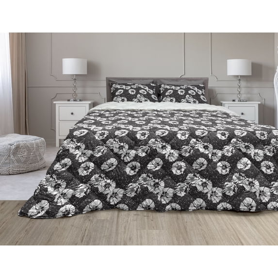 Sketch Comforter & Sham Bedding Set, Composition of a Detailed Art of Poppy Flowers on a Spotted Background, 3 pcs Duvet Set Microfiber Filling Quilt, 5 Sizes, Charcoal Grey White, by Ambesonne