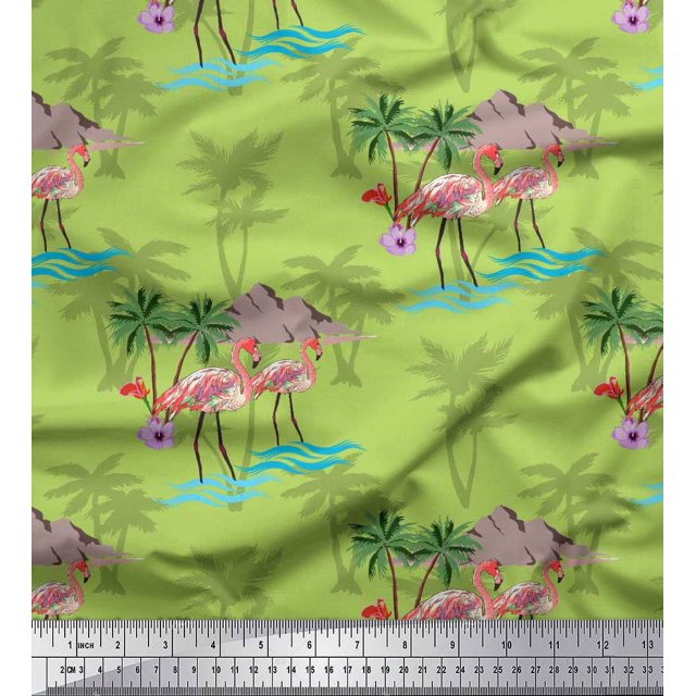 Soimoi Green polyester Crepe Fabric Palm Tree, & Flamingo Bird Printed Craft Fabric by the Yard 42 Inch Wide
