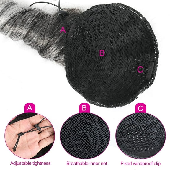 FGERFE-Short Gray Ponytail Extension for Women,14Inch Spiral Curl Drawstring Ponytail for Black Women Synthetic Salt and Pepper Hair Extensions Clip in Natural Hairpiece Daily Use
