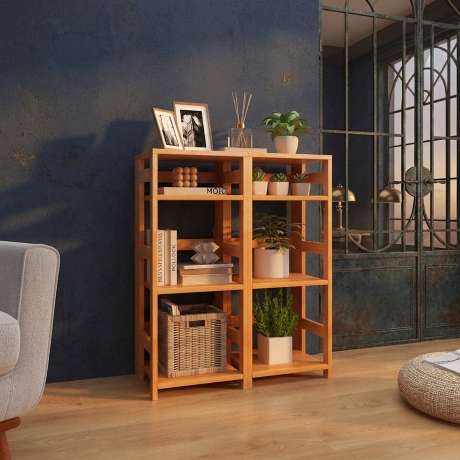 Furnibear 4-Tier Bookshelf Rubber Wood Bookcase with Side Fences for Living Room-14 inches for Living Room Home Office Bedroom Display, Natural