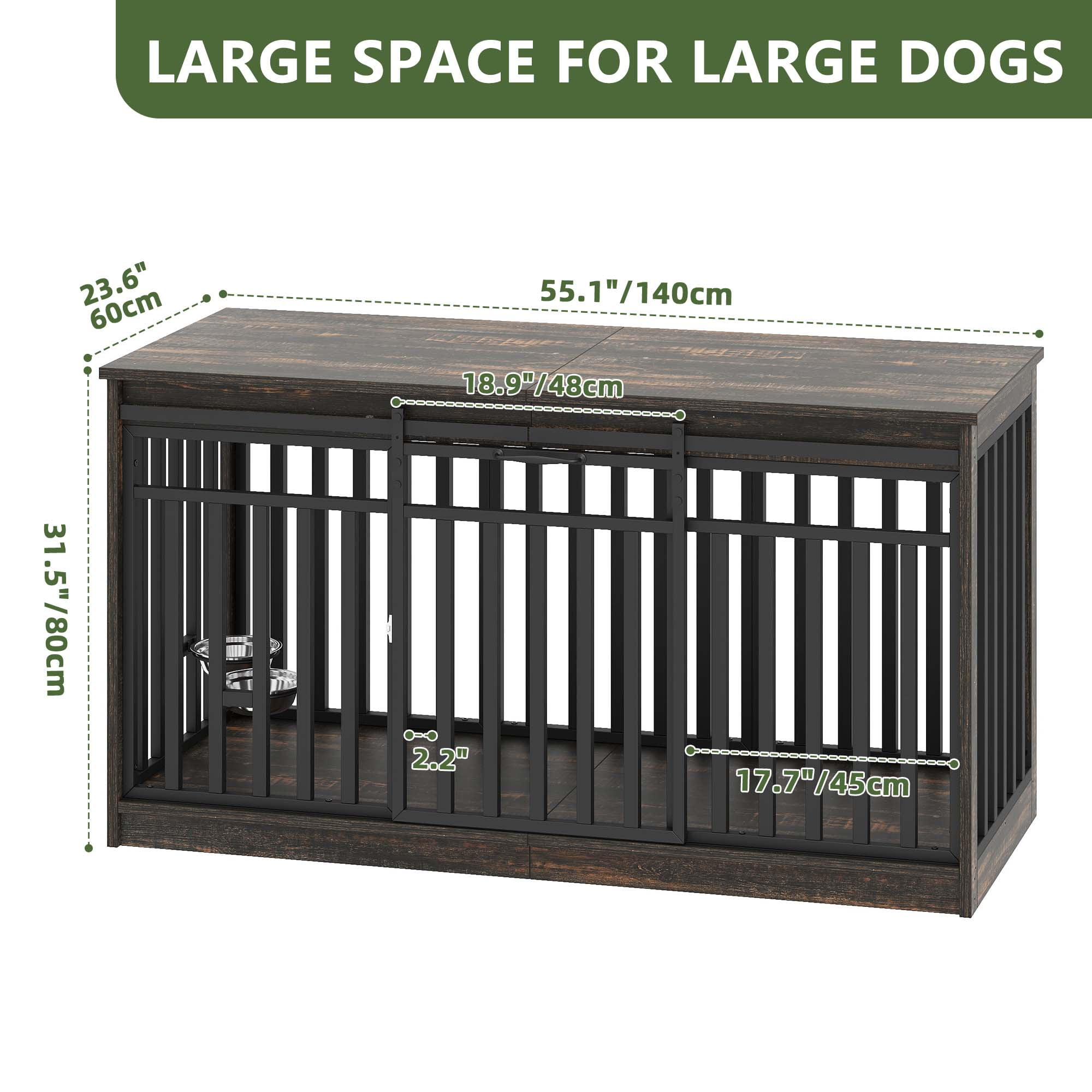 Uforic 55'' W Double Dog Crate Furniture With Sliding Barn Doors & Bowl,Indoor Furniture Style Wooden Large Dog Kennel