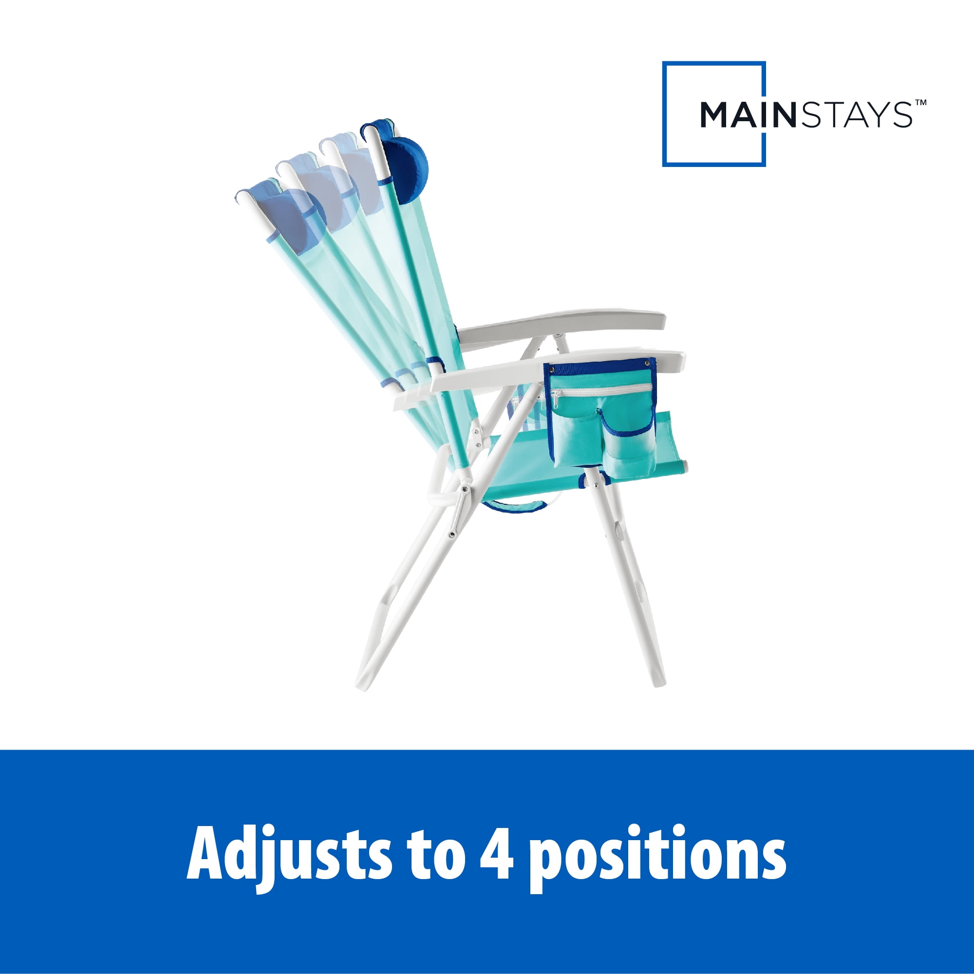 Mainstays Reclining 4-Position Oversize Beach Chair with Adjustable Pillow and Storage