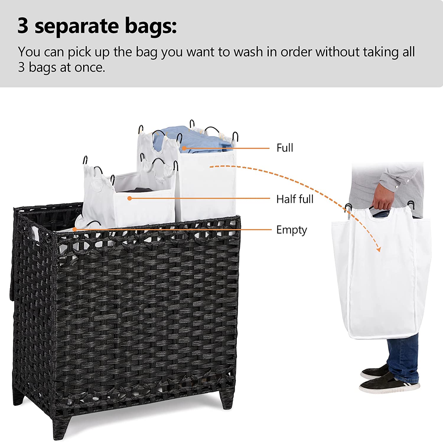 Laundry Hamper with 3 Removable Liner Bags; 132L Handwoven Rattan Laundry Basket with Lid & Heightened Feet; Clothes Hamper with Side Handles; Laundry Sorter with 3 Separate Sections