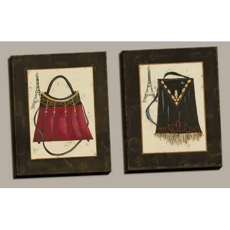 Paris Vintage Set of 2 French Paris Trendy Vintage Fashion Purses. Two 8x10in Hand-Stretched Canvases. Red/Black/Cream ()