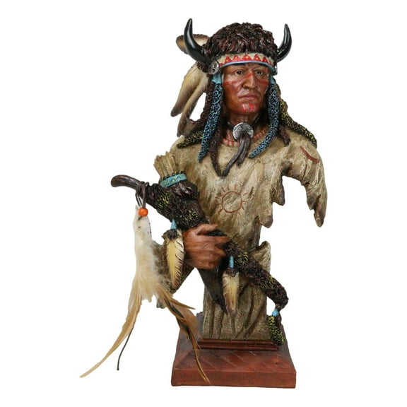 Native Indian Chief Warrior Hunter With Buffalo Horns And Feathers Bust Figurine
