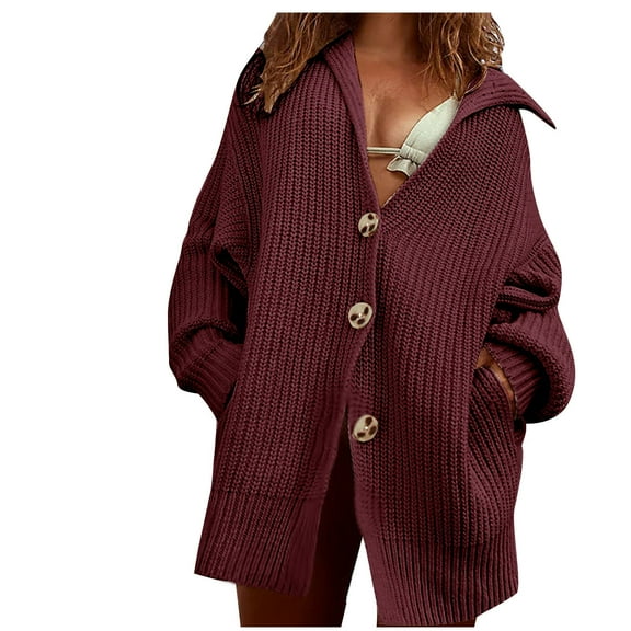 ShomPort Women's Fall Sweater Cardigan Long Sleeve Loose Button up Lapel Collar Knit Pullover Tops