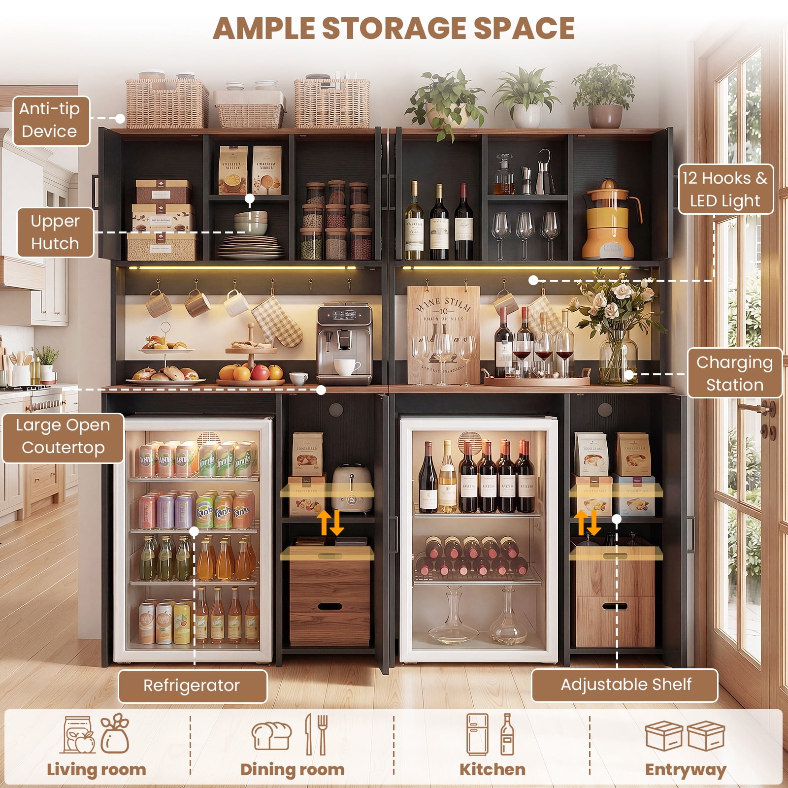 Aheaplus 2-in-1 Mini Fridge Cabinet & Coffee Bar Station Bundle - with Power Outlet, LED Light, Microwave Shelf & Storage, Ideal Beverage Center for Kitchen, Dorm, Office,Black