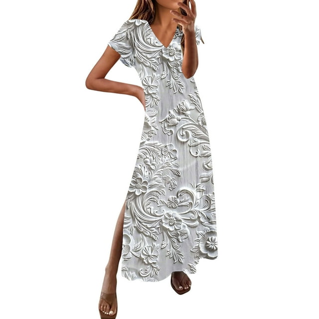 UPPADA Robe Maxi à Col en V pour Femme, Imprimé Floral, Robe d'Été Décontractée à Manches Courtes, Style Bohème, Robe de Plage avec Fente Latérale, Robe de Cocktail pour Fête, Robe Ajustée Femme Blanche, TTTG