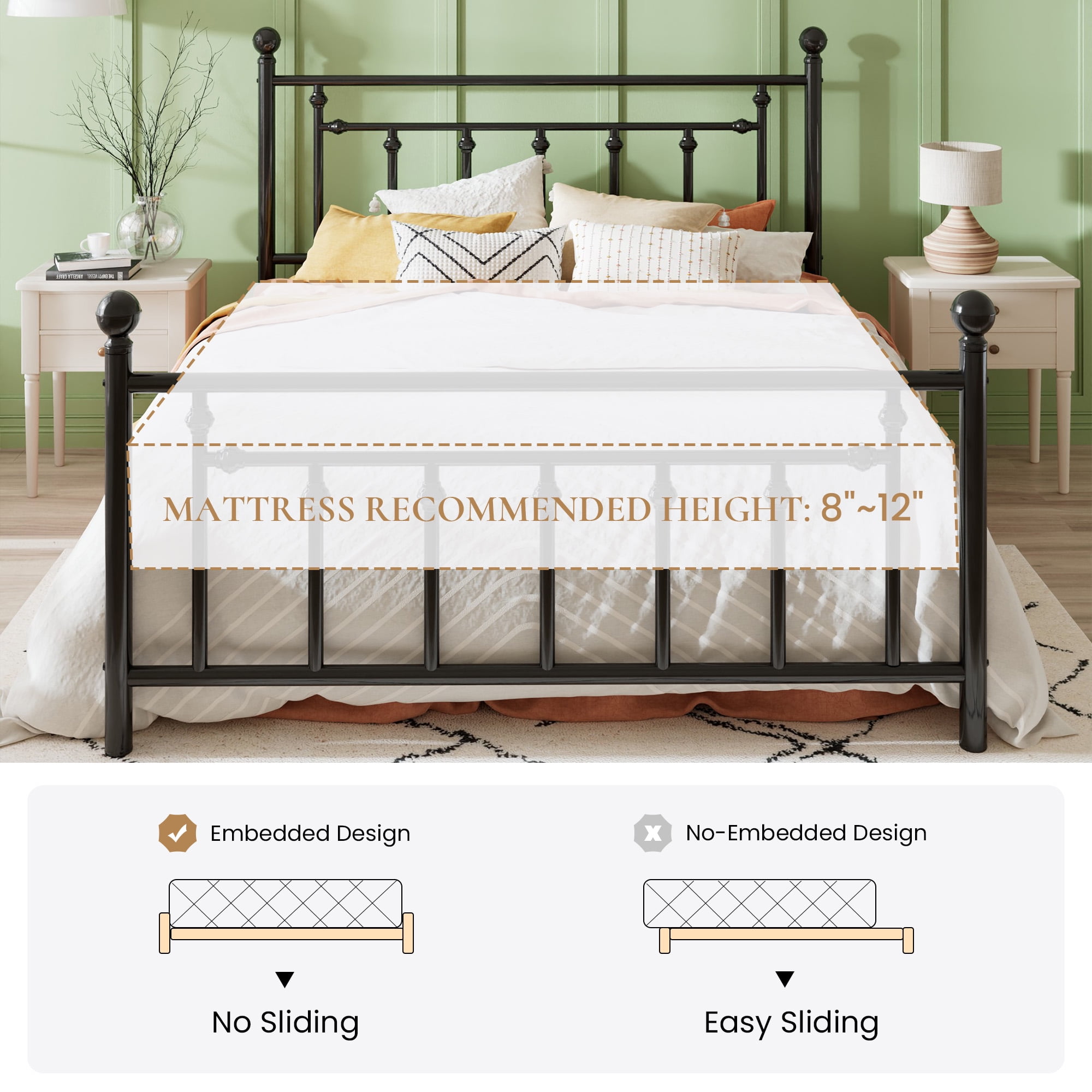 Sha Cerlin Black Queen Size Metal Platform Bed Frame with Victorian Vintage Headboard & Footboard, Adult