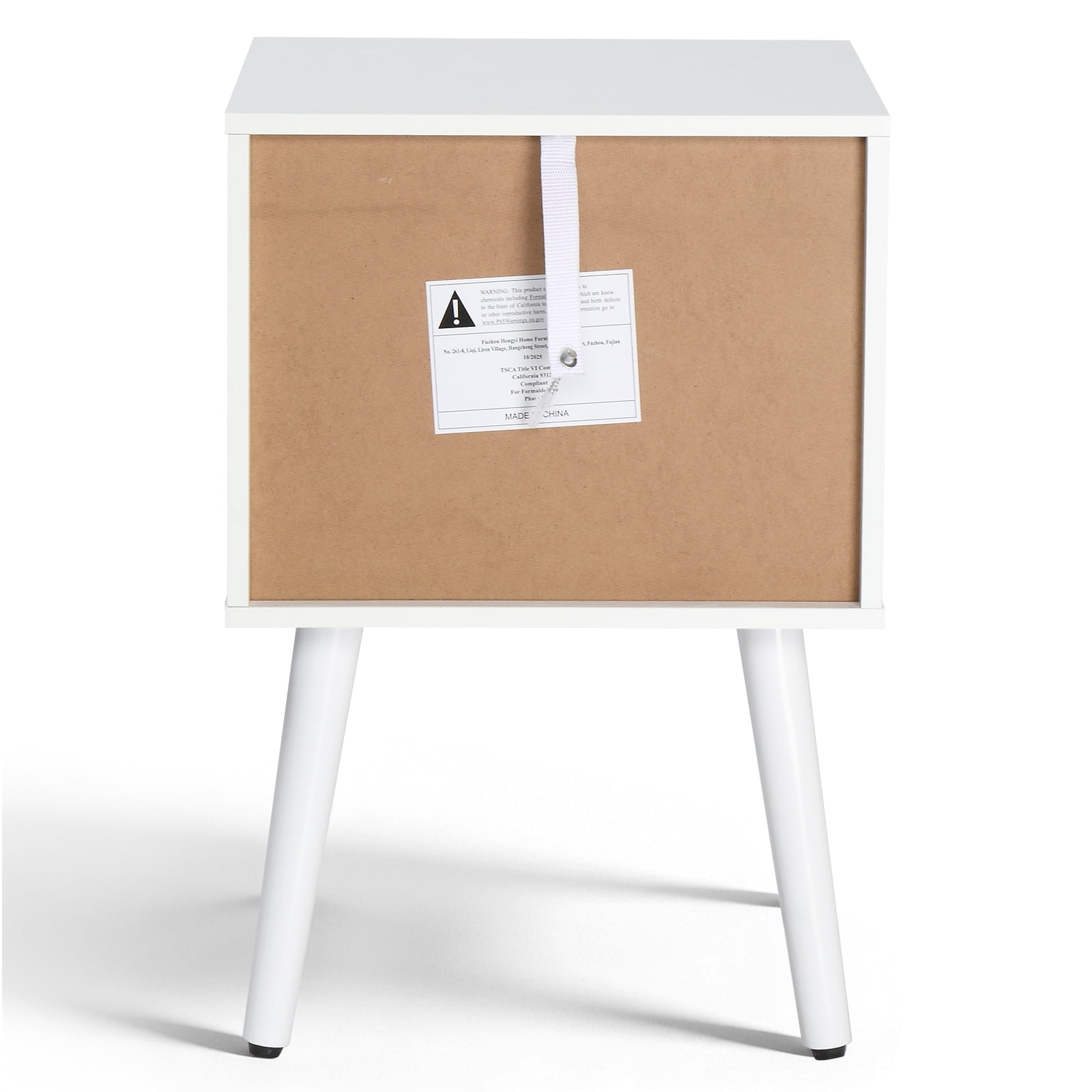 Bedside Table, White P2 Particleboard With Solid Wood Legs, Linen-Textured Melamine Finish, And Ring Pull Handle, 38*30*55cm
