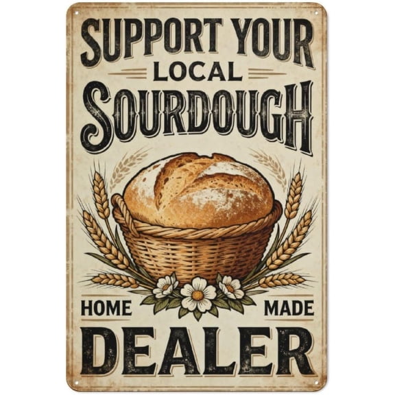 Support Your Local Sourdough Dealer Metal Tin Sign, 12 x 8 Inch Funny Kitchen Wall Decor for Home, Bakery, Coffee Bar, Dining Room, Garden