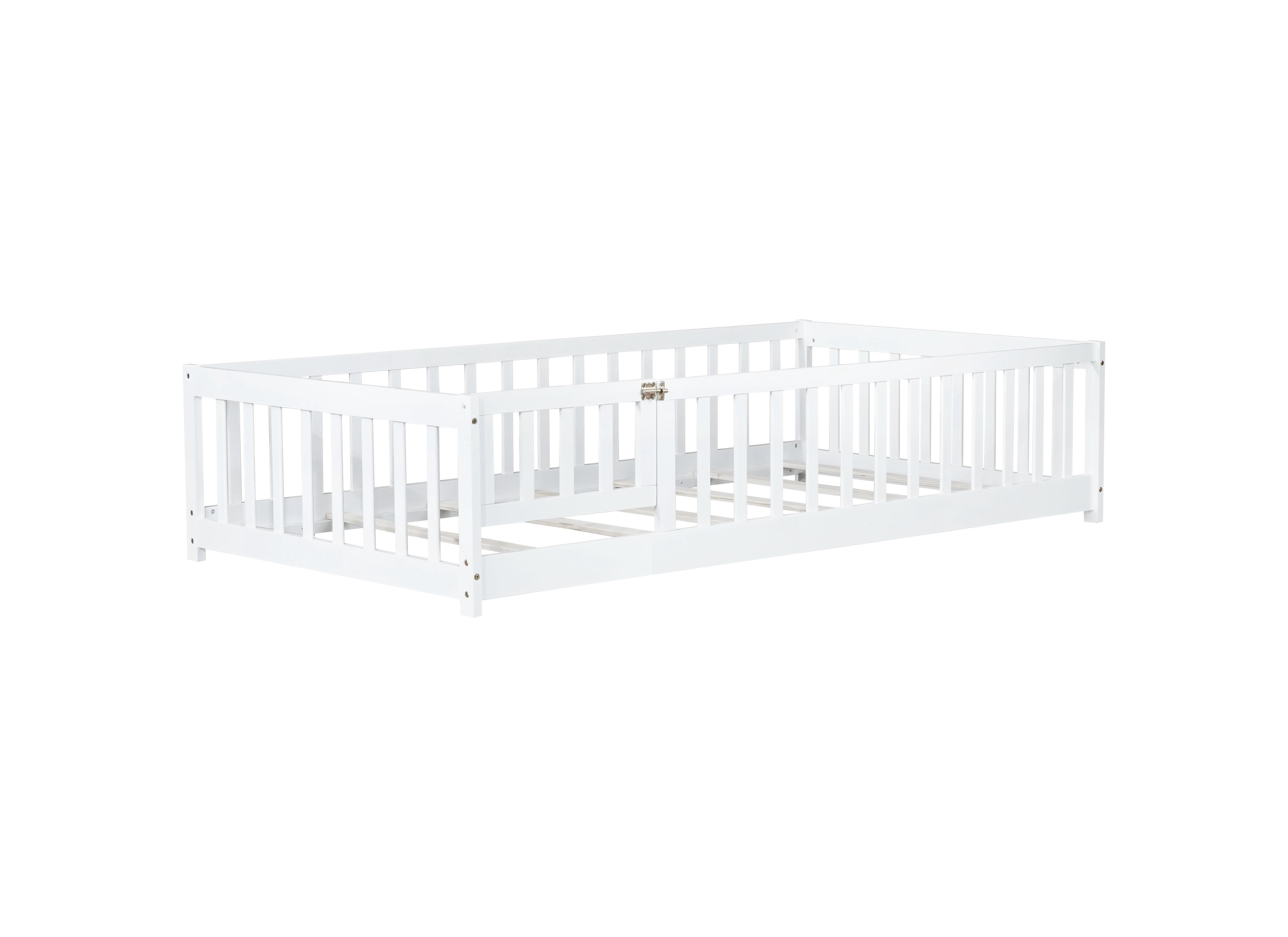 Mintazer Twin Floor Bed with Fence and Door, Montessori Bed with 17.5" Safety Guardrails for Kids Girls Boys, White
