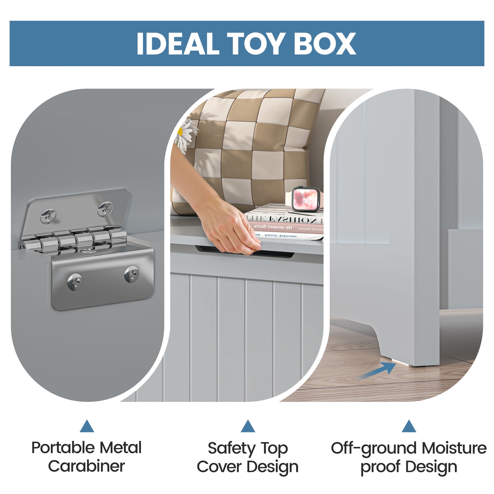 Kids Toy Box, Gray Wooden Toy Chest Organizer with Safety Hinged Lid, Entryway Storage Bench Supports 100 lbs, Toy Storage Chest for Bedroom, Toddler Room, L0293