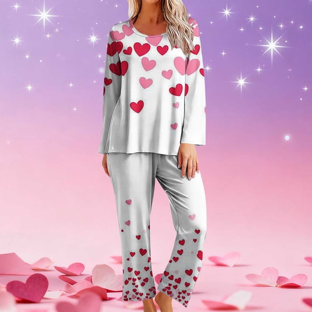 RKSTN Valentine's Gifts Pajamas Set for Women Oversized Crewneck Valentine's Day Loves Heart Graphic Printed Loungewear Matching Set Womens Casual Loose Long Sleeve T Shirt and Pjs Pant 2 Piece Set