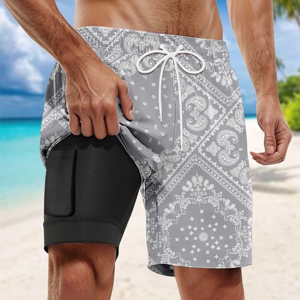 WILLBEST Pantalones Cortos Casuales de Verano para Hombre, Pantalones Cortos de Playa con Doble Capa Interior y Estampado de Moda con Bolsillo