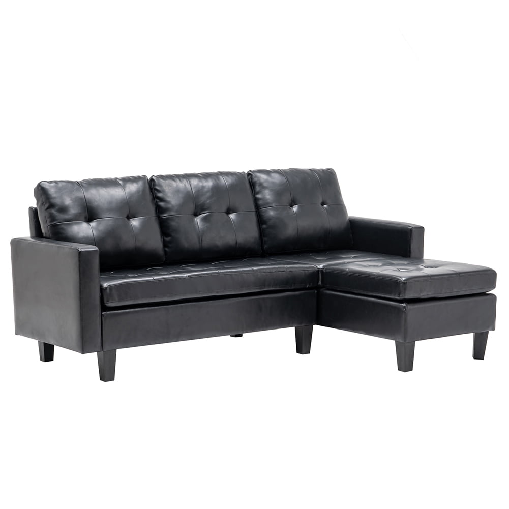 Lowestbest Solid Wood Upholstered PU Sofa, L-Shaped Minimalist Nordic Style Indoor Sofa, Black Lowestbest Solid Wood Upholstered PU Sofa, L-Shaped Minimalist Nordic Style Indoor Sofa, Black
