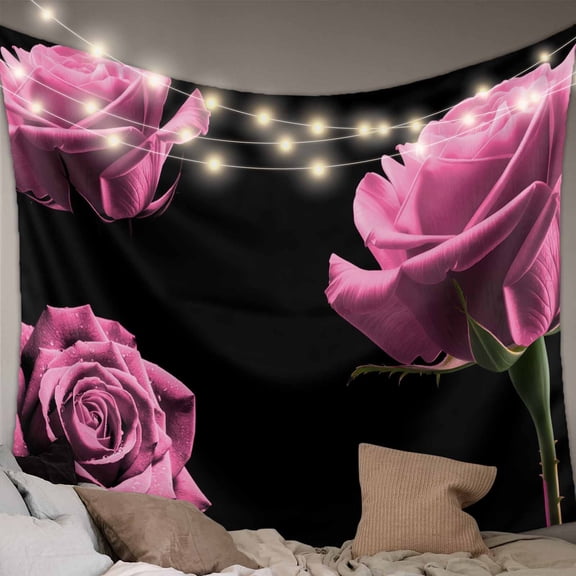 Pink Rose Tapestry for Bedroom Wall Hanging Tapestry, Vintage Abstract Garden Flower Floral Black Ceiling Backdrop Tapestries Poster Blanket Wall Decor for Teens Room Living Room Dorm 59" x 90"