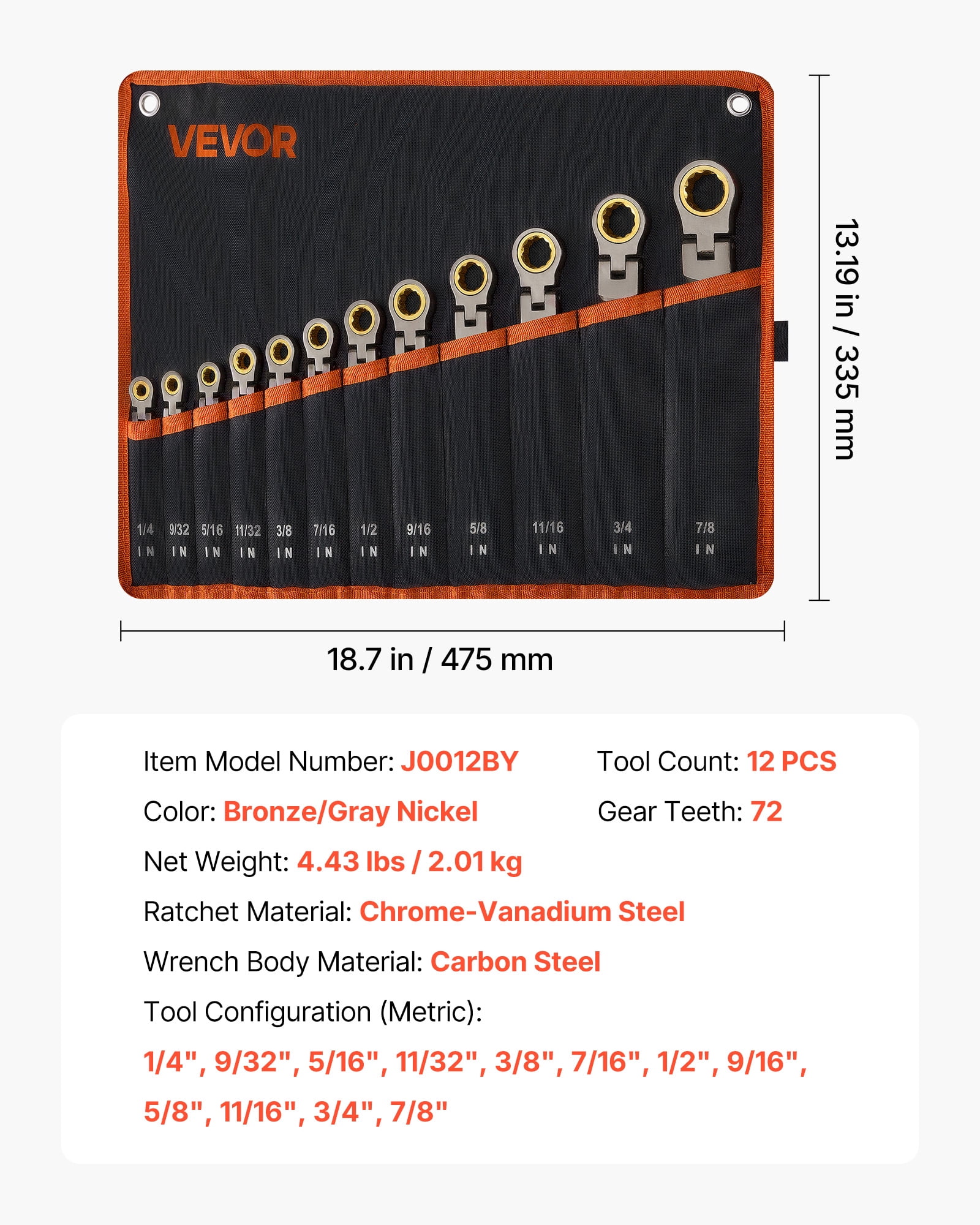VEVOR Flex-Head Ratcheting Wrench Set, 12-Piece SAE Sizes, 72 Teeth, Cr-V Steel Ratchet Flexible Combination Wrench Set with Roll Up Pouch, for General Household and Automotive Repairs, Gray Nickel