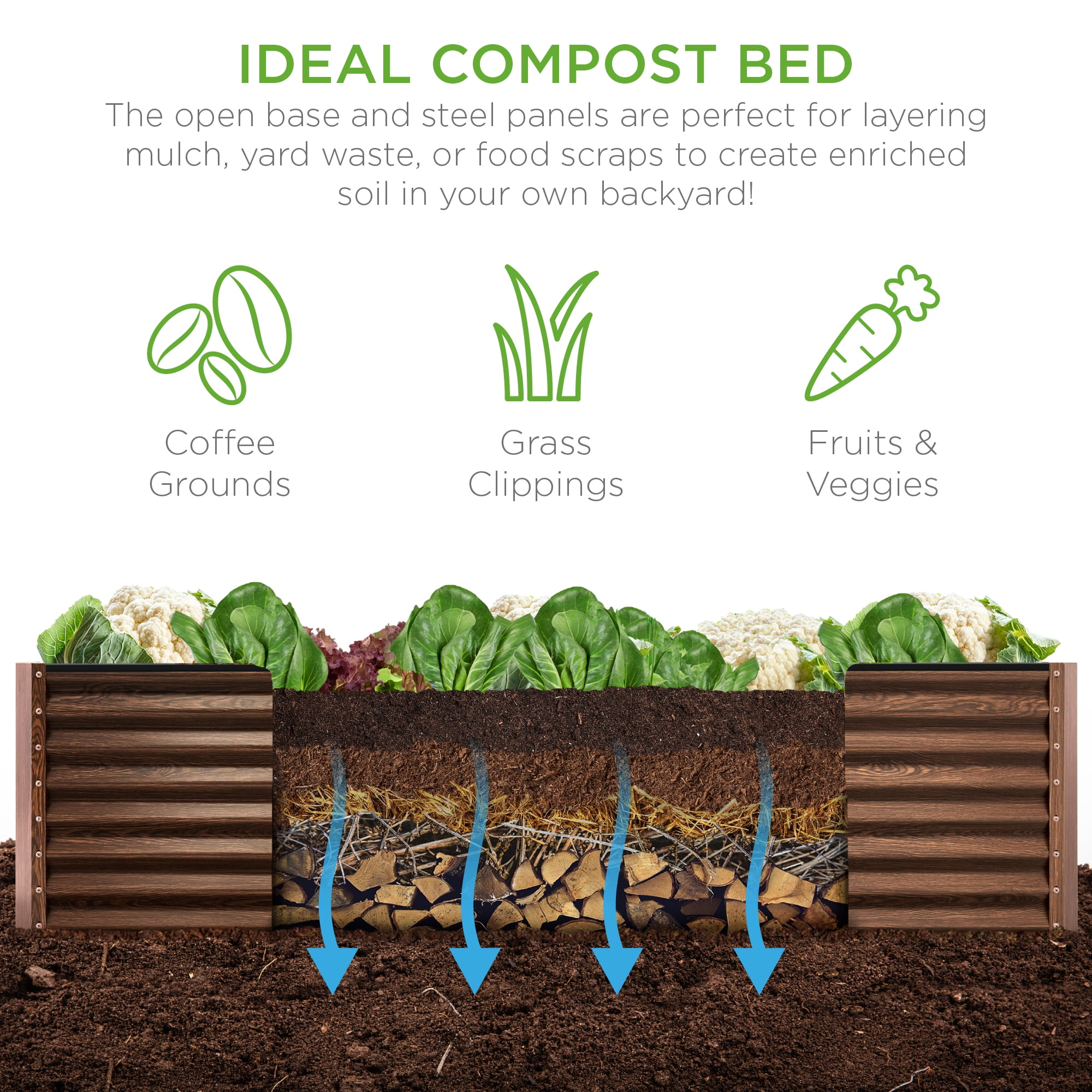 Best Choice Products 8x4x2ft Outdoor Metal Raised Garden Bed for Vegetables Flowers Herbs - Dark Brown Wood Grain