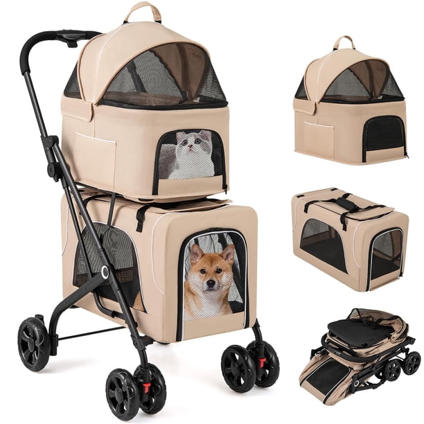 JJUN Double Dog Stroller for 2 Dogs, Detachable Carriers, Safety Belt, 4 Lockable Wheels, Pet Travel Carrier Strolling Cart, Folding Cat Stroller for Small Medium Pets Dogs (Beige)
