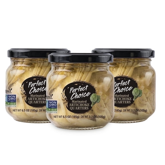Perfect Choice Marinated Artichoke Quarters, Ready-to-Eat Gourmet Vegetable for Salads, Pizzas & Appetizers, 6.5 oz Jars (Pack of 3)