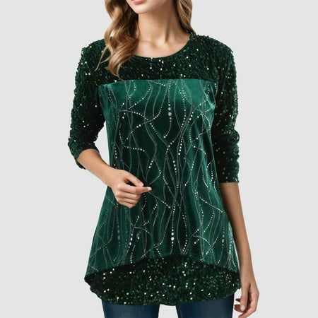 Brnmxoke 2024 Women's Elegant Sequin Tops Dressy Casual Round Neck Long Sleeve Tunic Shirts Sparkly Glitter Solid Peplum T-Shirts Blouse Lightning Deals of Today Prime