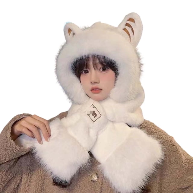 MIASHUI Hat for Women Winter Warm Thick Scarf Connected Two-Piece Set Ear Protection Hat Cold Protection Scarf White