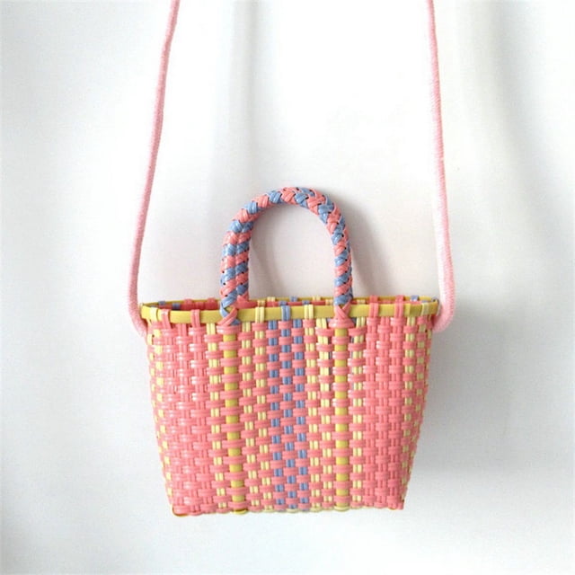 Bolsas tejidas con correa, bolsa tejida de plástico colorida para playa de verano, bolsa tejida con valor inmejorable