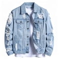 thumbnail image 4 of Mens Denim Jacket, Washed Ripped Distressed Stretch Slim Fit Casual Trucker Biker Jeans Jacket for Men, 4 of 8