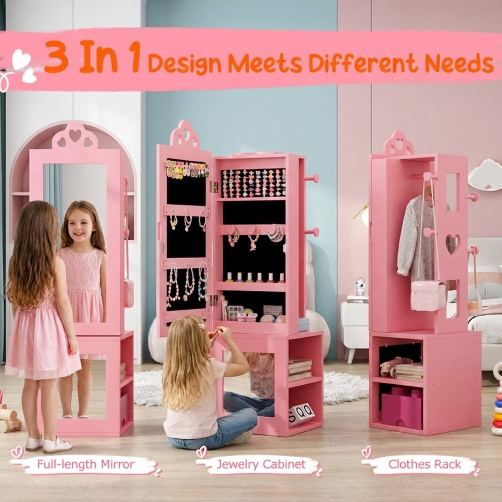 Furnibear Kids Vanity Set Girls Dressing Table and Stool with Full-Length Mirror Jewelry Cabinet Drawer for Bedroom, Pink