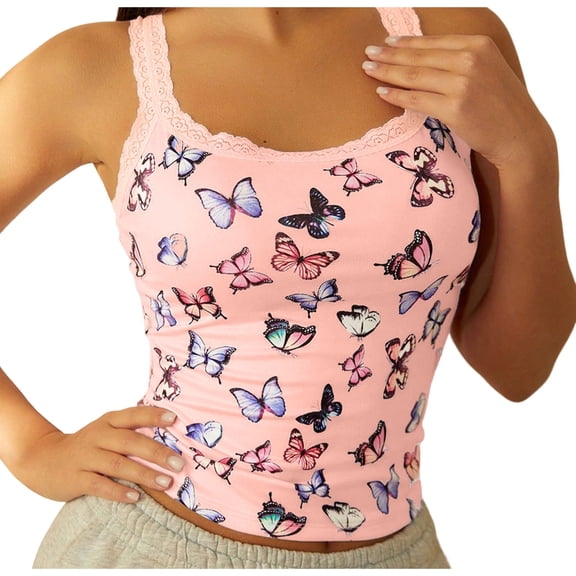 WEIWEN Womens Tank Tops with Built in Bras Slim Fitted Butterfly Printed Lace Spaghetti Strap Tank Top for Women Sleeveless Athletic Padded Cropped Tops Pink, XL