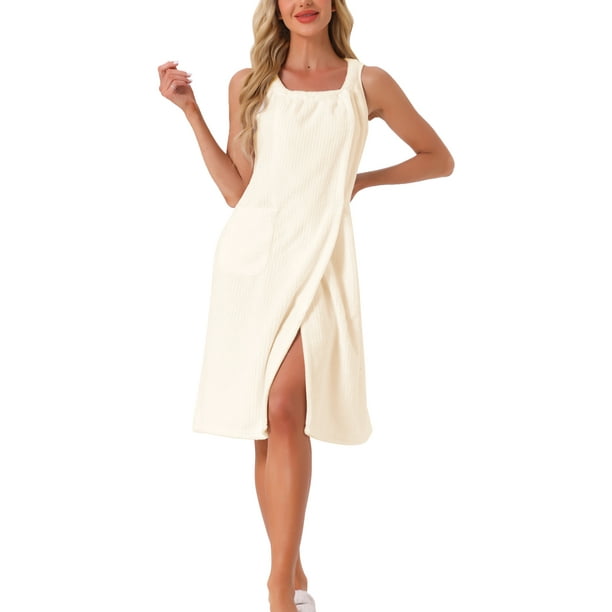 Inspire Chic Bata de baño para mujer, toalla de ducha, con tirantes, sin mangas, con botones y bolsillos, spa M Beige